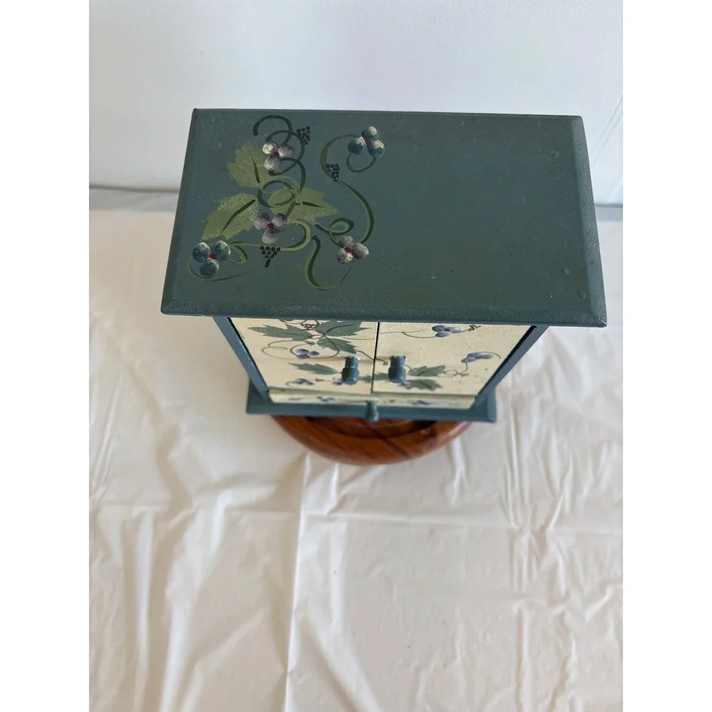 Vintage Hand Painted Wooden Cottagecore Jewelry Box Cabinet Floral Folk Art blue